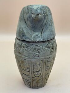 Super Rare Ancient Egyptian Glazed Faience Canopic Jar With Head Of Horus