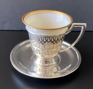 Sterling Silver Porcelain Cream Gold Demitasse Espresso Cup Saucer Green Lenox