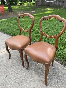 Antique Balloon Back Ornate Vintage Carved Wood Leather Seat Chairs