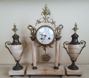 Antique French 3 Pc Marble Portico Striking Urn Clock Set