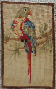 Antique Knotted Needlepoint Wool Panel 9 25 X 15 Colorful Parrot Velvet Edge