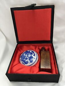 New Chinese Wax Stamp Seal Tiger In Original Silk Box With Porcelain Red Wax