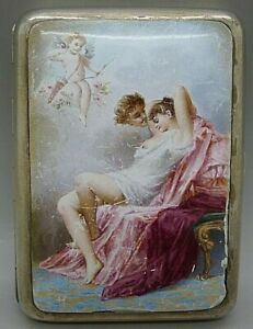 French Solid Silver Nude Woman Enamel Hand Painted Cigarette Case Paris Maker