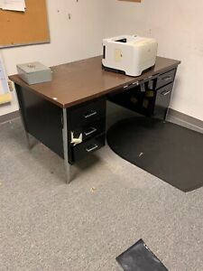Vintage Metal Office Furniture Black Walnut Desk Filing Cabinet Credenza