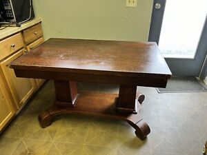 Early American Vintage Antique Empire Style Oak Library Table 1 Drawer