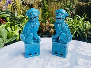 Vintage Pair Of Chinese Foo Dog Ceramic Figures Turquoise Glaze 21cm Tall