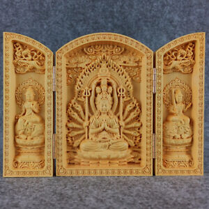 Japanese Netsuke Boxwood Carved Three Open Buddha Guanyin Box Statue
