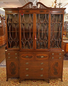 Stunning Early 20th Century Flame Mahogany Cabinet Bookcase Breakfront By Warsaw