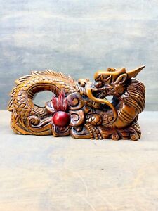 Hand Carved Wooden Zodiac Dragon With Painted Fireball 13 5 Inches