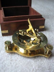 Vintage Fl West London Nautical Brass Sundial Compass In Wood Box New