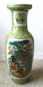 Antique Chinese Hand Painted Peacock Enamel On Porcelain Tall Vase Height 24 T