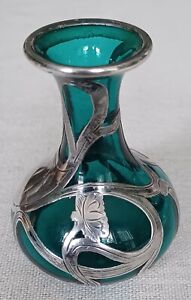 Aqua Green Blue Glass Posy Vase With Art Nouveau Silver Overlay
