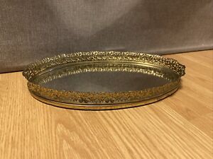 Antique Gold Metal Oval Table Top Mirror Jewelry Tray Perfume Display 13 5 X8 5 