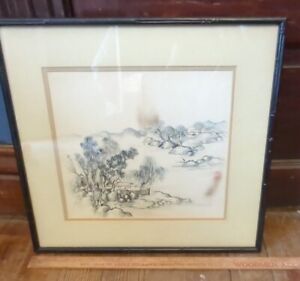 Antique Chinese Forest River Etching Painting Framed Drawing Signed Vtg Rare