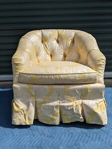 Baker Furniture Tufted Skirted Damask Yellow Upholstered Lounge Tub Chair
