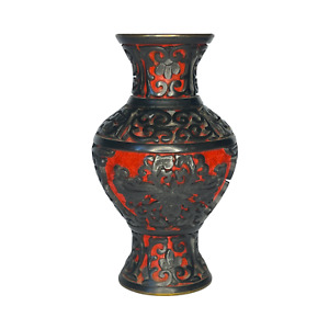 Chinese Lacquer Cinnabar Vase Hand Carved Black Over Red 4 Masterpiece