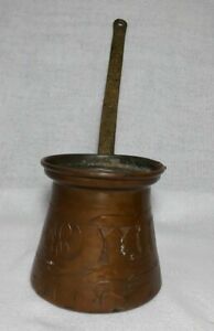 Vintage Old Used Copper Brass Long Handle Turkish Milk Cream Coffee Pot Engrave