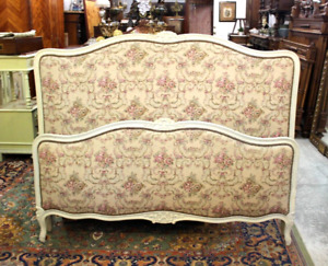 French Antique Louis Xv Upholstered Queen Size Bed With Rails Slats