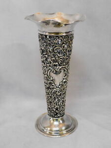 Large Open Work Repousse Sterling Silver Fluted Vase By Mauser 13 Tall 