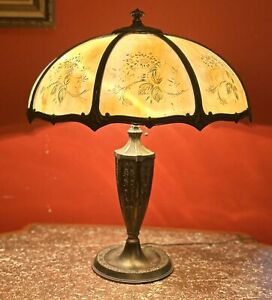 Quality Antique 8 Panel Large 21 In Diameter Shade Slag Glass Table Lamp
