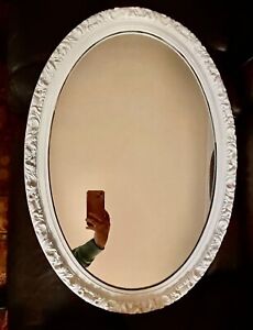 Vintage Large Beautiful Mcm Oval Wall Mirror White Tone Ornate Frame