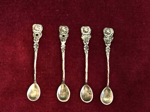 Vintage Antique Salt Spoons August Betz Sterling Silver Germany Set 4 Roses