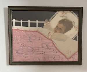 Victorian Framed Baby Mourning Memorial Picture Real Hair Fabric Embroidery