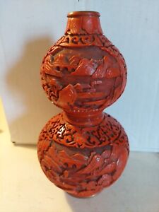 Rare Red Round Hand Carved Cinnabar Chinese Dragons Vase