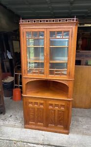 Victorian Oak Beveled Glass Corner China Cabinet
