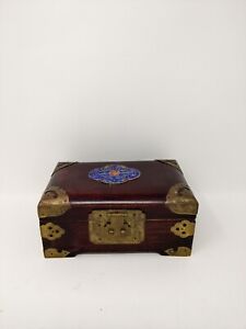 Vintage Red Wood Decorative Padded Brass Chinese Jewelry Box Ornate