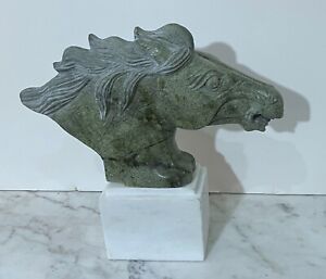 Gorgeous Vintage Chinese Green Stone Sculpture Of A Horse Head On Marble Base