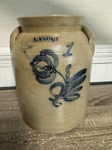 Early Antique Vintage Lyons N Y Decorated 1 Stoneware Butter Churn Pot