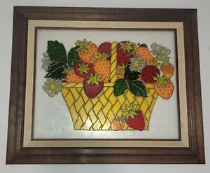 Vintage Strawberry Fruit Basket Stained Glass Framed Art Rustic Woood Cottage