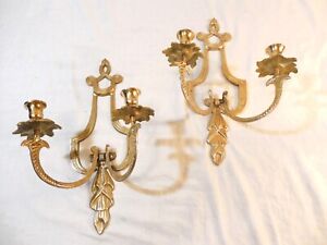 Pair Antique Solid Brass Victorian Double Candle Wall Sconce