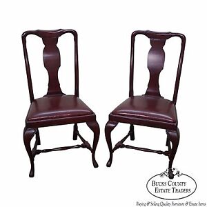 Custom Quality Leather Seat Pair Of Queen Anne Side Chairs