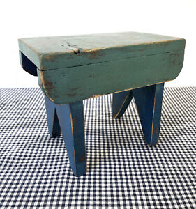 Vintage Foot Stool Pine Wood Small Top Of Stack Blue Green Paint Primitive