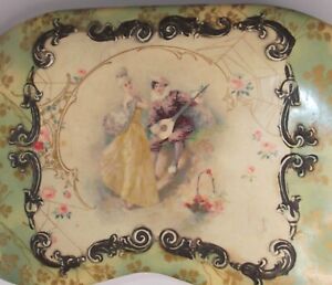 Vtg Antique Celluloid Vanity Box For Hair Brush Set Romantic Couple Green Floral
