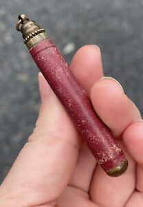 Antique Vintage Early 20th C Red Leather Brass Needle Sewing Case Etui