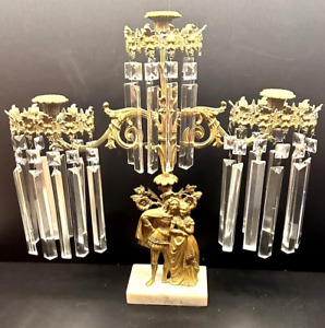 Antique Victorian Figural 3 Arm Brass Girandole Candelabra Crystal Prisms 18 