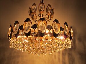 Antique Vintage Brass Crystals Chandelier Lighting French Light Fixtures 1960s