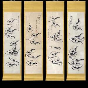 Four Qi Baishi Signed Chinese Hand Painted Calligraphy Scroll W Shrimp N17