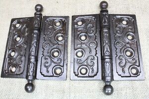 2 Old Door Hinges 4 X 4 Cannon Ball Top Clean Victorian Cast Iron Ox Vines