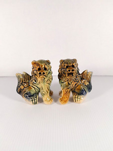 Vtg Chinese Foo Dog Pair Fu Lions Blue Green Brown Glazed Ceramic Figurines 4 