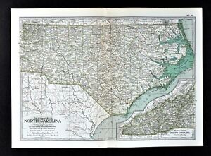 1902 Century Map North Carolina Raleigh Durham Wilmington Beaufort Cape Hatteras