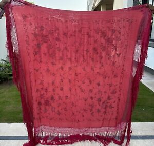 Antique Chinese Hand Embroidery Silk Piano Shawl 125 X 125 Fringe 50 Cm
