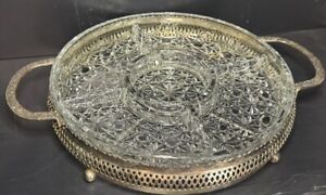 Vintage Queen Ann Silver Plated Glass Serving Dish Divided 10 