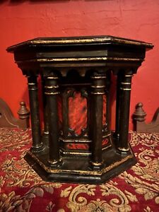 Antique Wood Gothic Church Pedestal Stand Faux Tortoiseshell Gold Leafing Detail