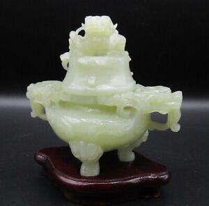 Vintage Chinese Carved Jade Incense Burner With Wood Stand