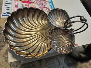 Vintage Large Silver Plated Clam Shell Chip And Dip Tray Footed