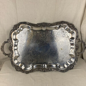 Vintage Extra Large Silver Copper Footed Butler Serving Tray Ornate 30 